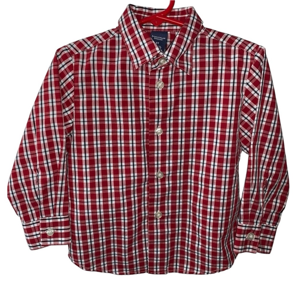 JONATHAN STRONG Plaid Button Front Oxford Shirt, Red Black White Boys Size 3T
